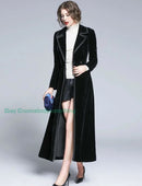 Women's Slim Notch Lapel Long Vintage Velvet Trench Coat Dress 27840