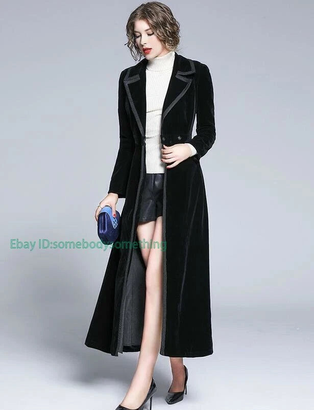 Women's Slim Notch Lapel Long Vintage Velvet Trench Coat Dress 27840