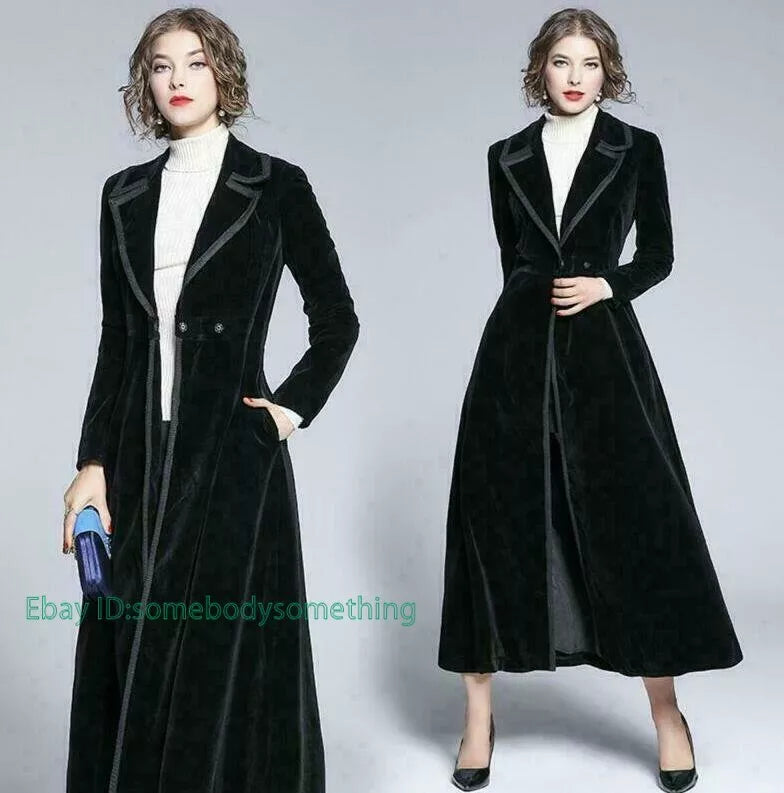 Women's Slim Notch Lapel Long Vintage Velvet Trench Coat Dress 27840