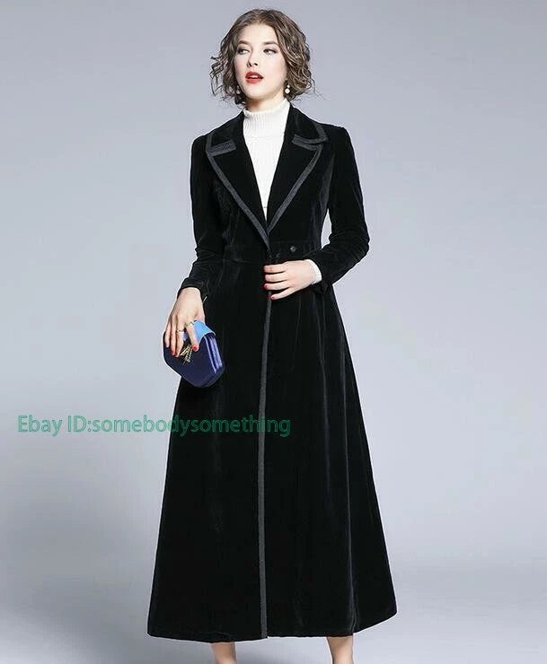 Women's Slim Notch Lapel Long Vintage Velvet Trench Coat Dress 27840 Women's Slim Notch Lapel Long Vintage Velvet Trench Coat Dress 27840