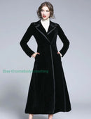 Women's Slim Notch Lapel Long Vintage Velvet Trench Coat Dress 27840
