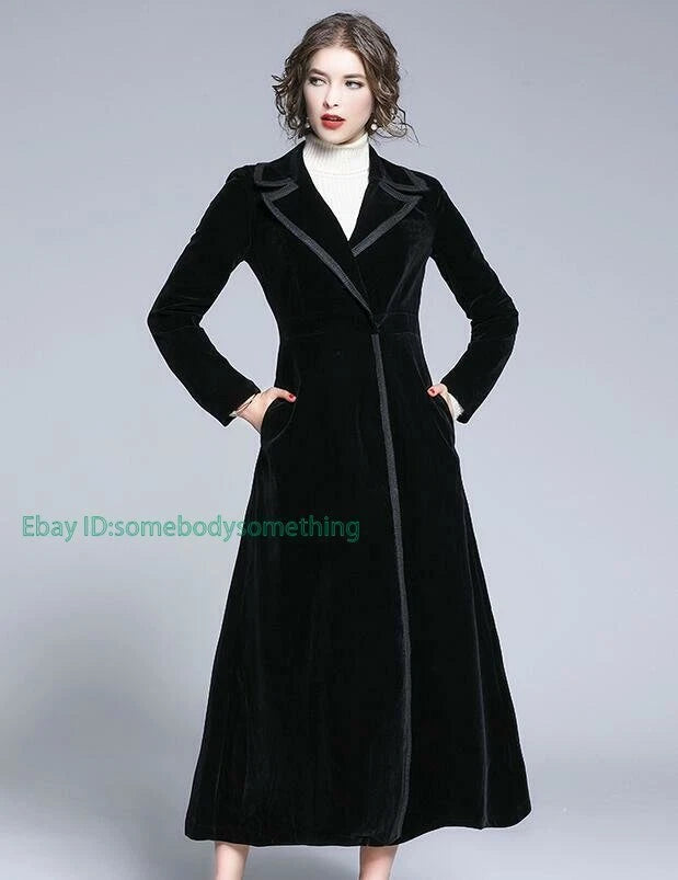 Women's Slim Notch Lapel Long Vintage Velvet Trench Coat Dress 27840 Women's Slim Notch Lapel Long Vintage Velvet Trench Coat Dress 27840