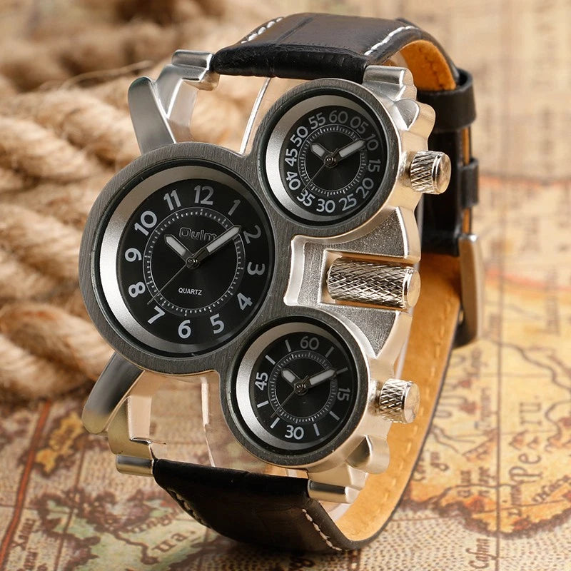 Oulm Big Dial Leather Strap Steel Case Mens Quartz Watch OLM91 - TUZZUT Qatar Online Shopping