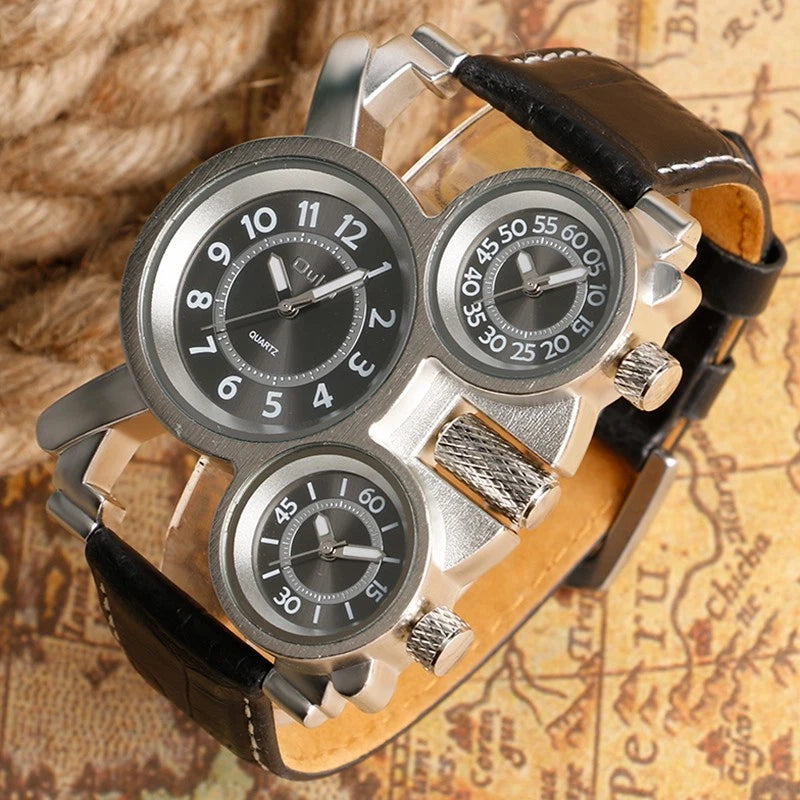 Oulm Big Dial Leather Strap Steel Case Mens Quartz Watch OLM91 - TUZZUT Qatar Online Shopping