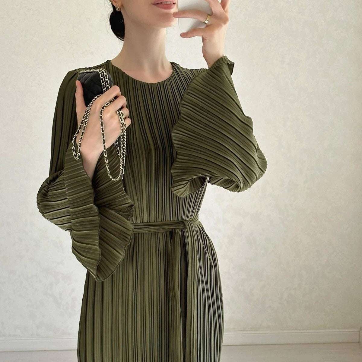 Womens Sleeves Elegant Round Neck Long Flare Belt Slim Fit Maxi Pleated Dress 75385 Womens Sleeves Elegant Round Neck Long Flare Belt Slim Fit Maxi Pleated Dress 75385
