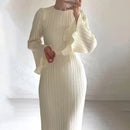 Womens Sleeves Elegant Round Neck Long Flare Belt Slim Fit Maxi Pleated Dress 75385 - TUZZUT Qatar Online Shopping