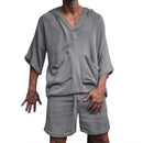 Mens Cotton Linen Tops Shorts Suit Short Sleeve Hoodie 2pcs/set Hip Hop 88112