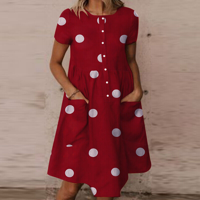 Women Summer Beach Holiday Sundress Short Sleeve Polka Dot A-Line Shirt Dress S4583495 - Tuzzut.com Qatar Online Shopping