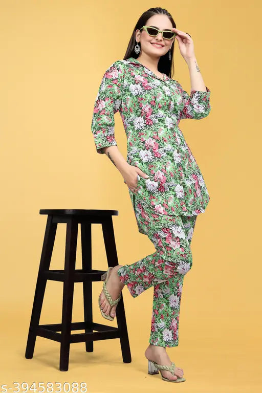 Women's Cotton Polyester Mix Fabric Printed Night suit Pajama Co-Ord Set - VKT1100