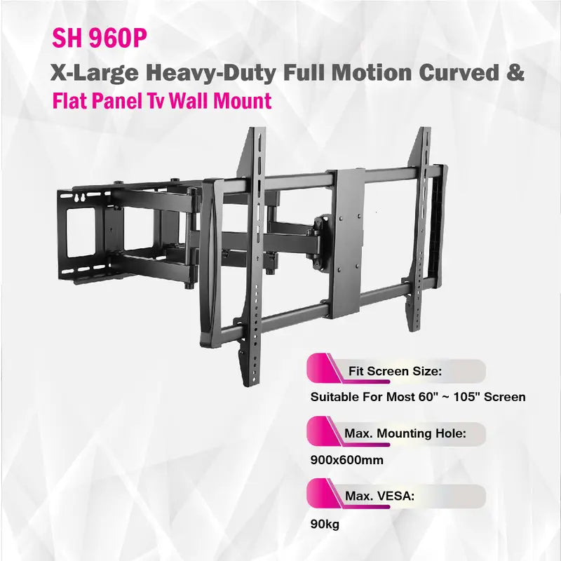 X-Large Heavy-Duty Dual Arm Heavy-Duty Full Motion Curved & Flat Panel Tv Wall Mount - SH 960P (Fits Most 60" ~ 105" Screen, Max. VESA: 900x600mm, Capacity 90kg) - Tuzzut.com Qatar Online Sho