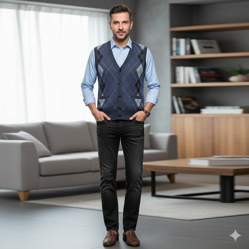 Mens Thick Argyle Sleeveless Sweater 64148 - TUZZUT Qatar Online Shopping