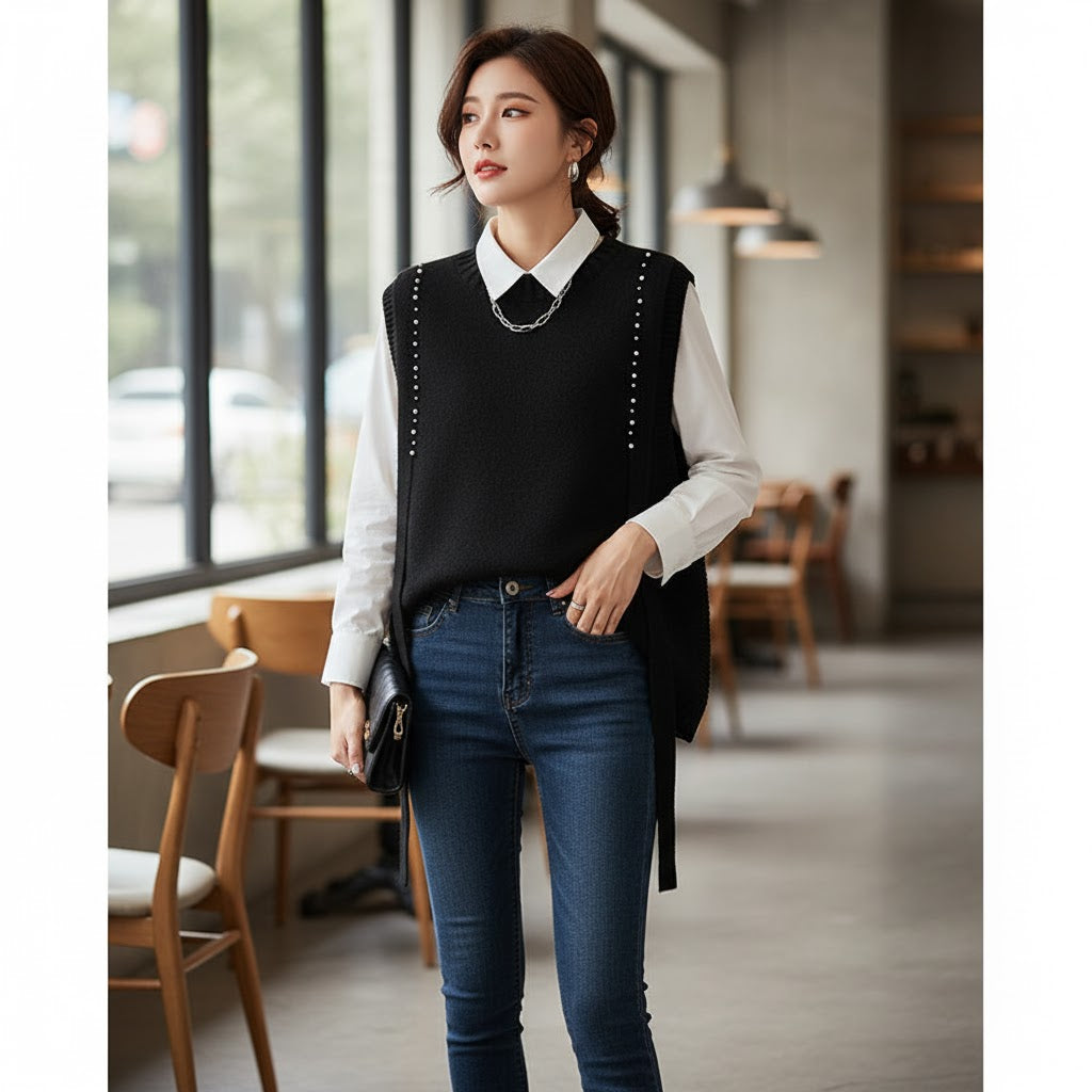 Round Neck Sleeveless Knitted Sweater Vest Black 175536 Round Neck Sleeveless Knitted Sweater Vest Black 175536