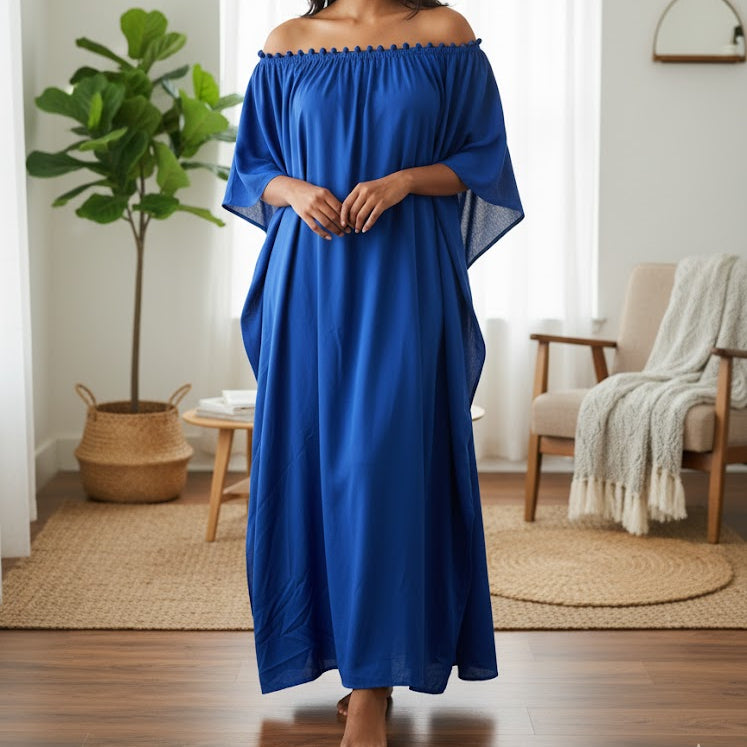 New Stylish Ocean Blue Off-Shoulder Caftan for Ultimate Summer Comfort  B1595530 - TUZZUT Qatar Online Shopping