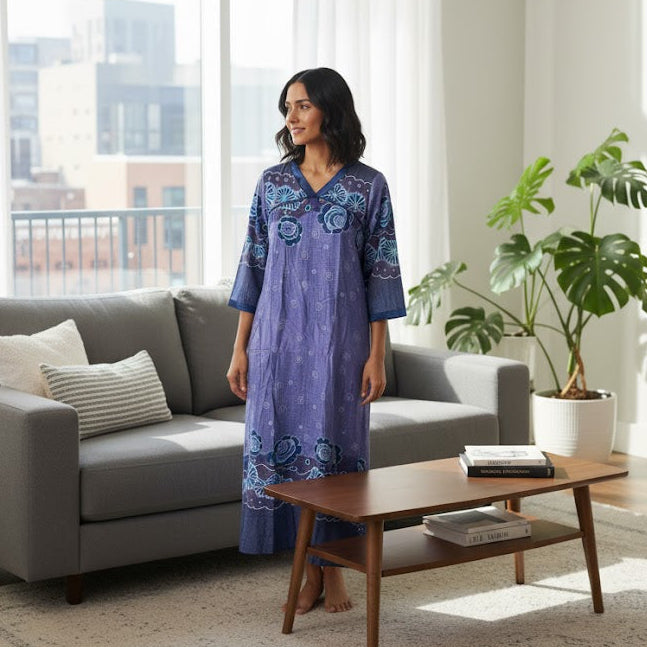 Women's Relaxed V-Neck Kaftan Lounger Night Dress 552321 - TUZZUT Qatar Online Shopping