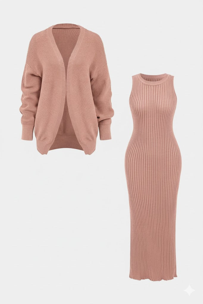 Ribbed Knit Dress and Cardigan Set Light Pink 168765 - TUZZUT Qatar Online Shopping
