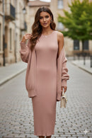 Ribbed Knit Dress and Cardigan Set Light Pink 168765 - TUZZUT Qatar Online Shopping