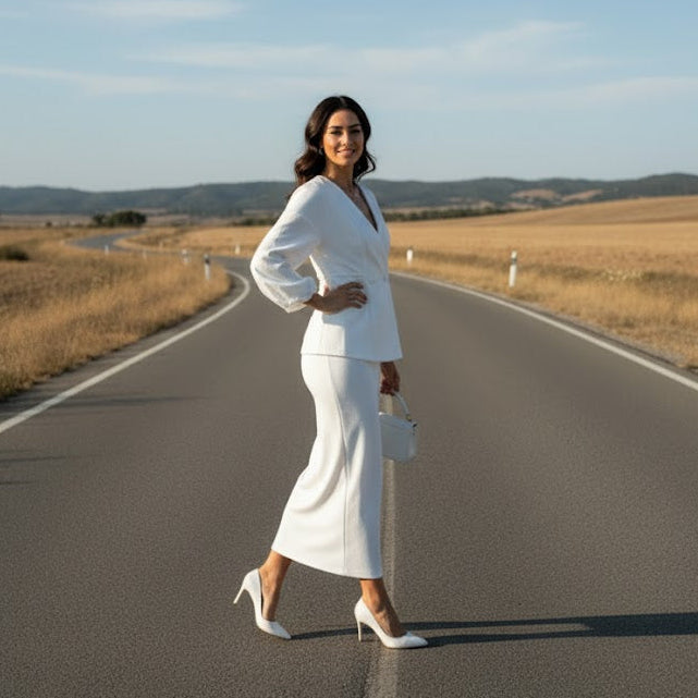 Women's Long Essential White Suiting Set M B-7871 Women's Long Essential White Suiting Set M B-7871