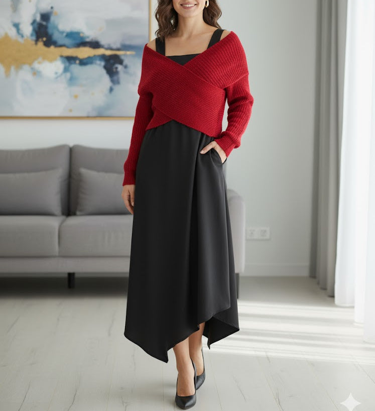 Women's Autumn Glamour: Scarlet Knit & Flowing Black XL 55217800 Women's Autumn Glamour: Scarlet Knit & Flowing Black XL 55217800