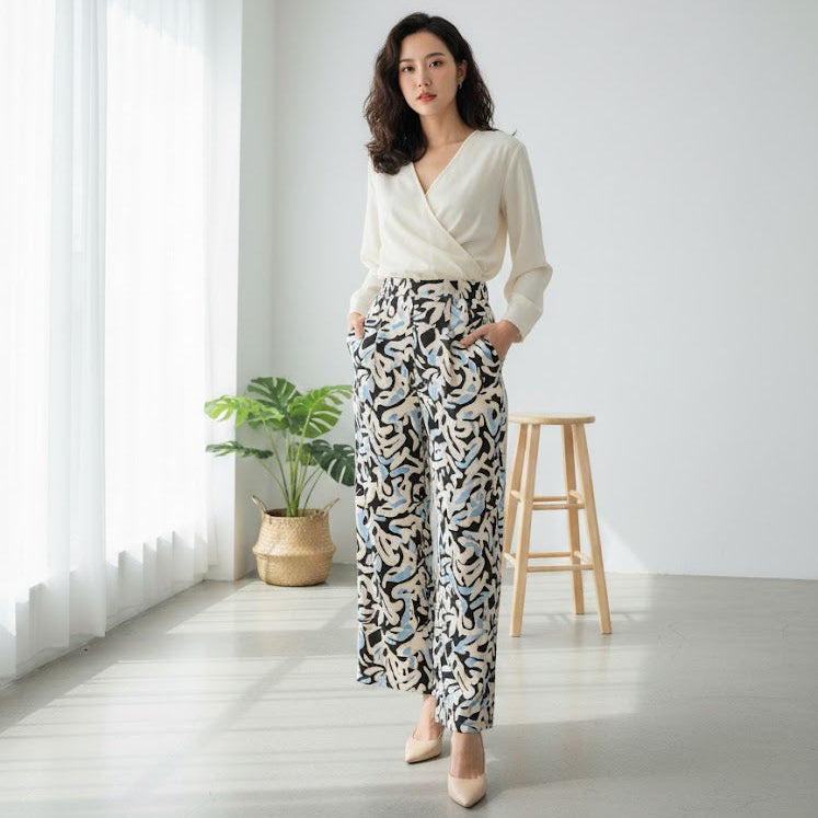 Women's Ivory Top and Flowing Print Pant Set S5070218 Women's Ivory Top and Flowing Print Pant Set S5070218