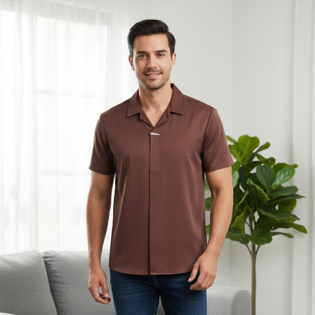 Men's Sleek Brown Cuban Collar T-shirt T41278 Men's Sleek Brown Cuban Collar T-shirt T41278
