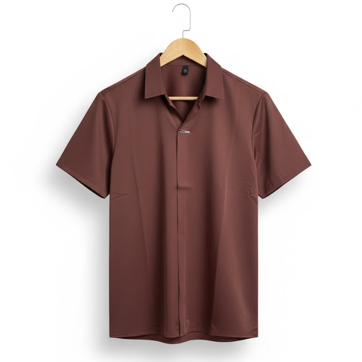 Men's Sleek Brown Cuban Collar T-shirt T41278 Men's Sleek Brown Cuban Collar T-shirt T41278