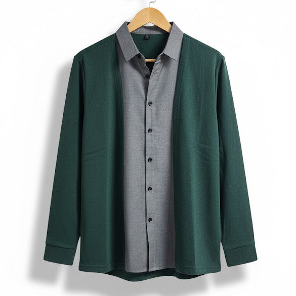 Men's green cardigan over a grey button-up shirt T2660 Men's green cardigan over a grey button-up shirt T2660