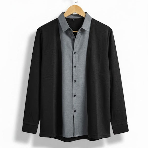 Men's green cardigan over a grey button-up shirt T2660 Men's green cardigan over a grey button-up shirt T2660