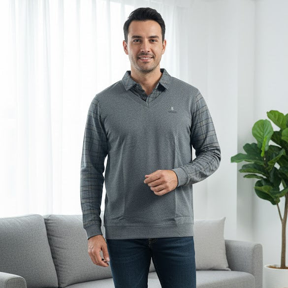 Men's brown sweater vest layered over a plaid long-sleeve shirt T751010 - TUZZUT Qatar Online Shopping