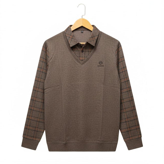 Men's brown sweater vest layered over a plaid long-sleeve shirt T751010 Men's brown sweater vest layered over a plaid long-sleeve shirt T751010