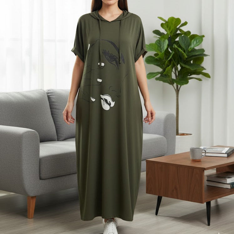 Women's hooded maxi length piece relaxed and modern graphic style S121989 Women's hooded maxi length piece relaxed and modern graphic style S121989