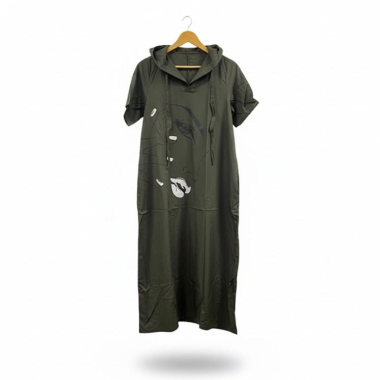 Women's hooded maxi length piece relaxed and modern graphic style S121989 Women's hooded maxi length piece relaxed and modern graphic style S121989
