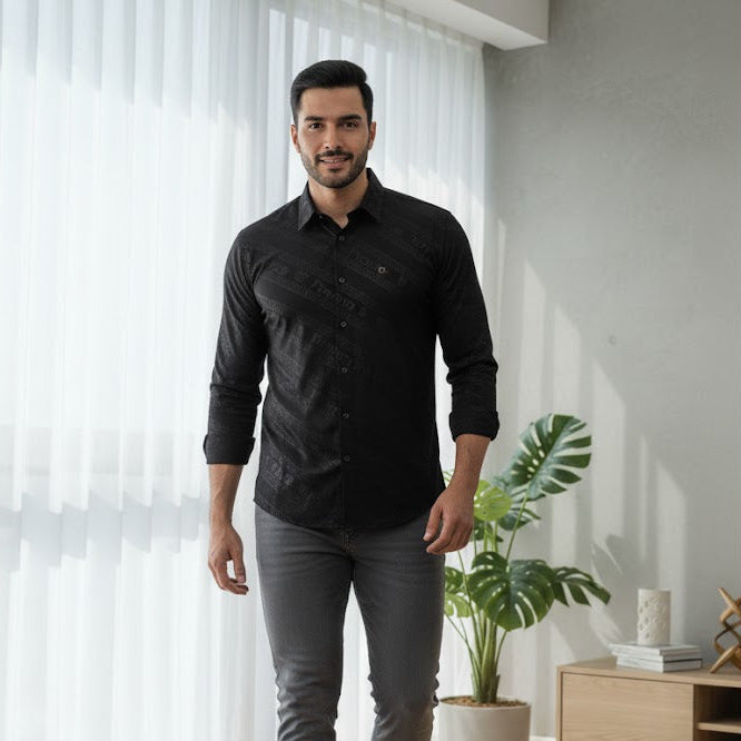 Men's black long-sleeve shirt with a subtle pattern S0124573 - TUZZUT Qatar Online Shopping