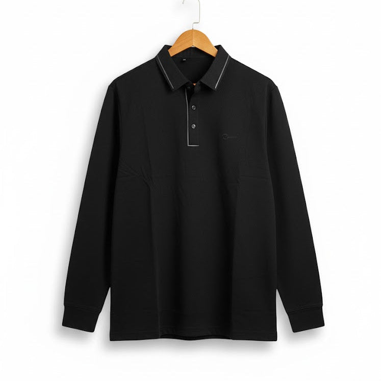 Men's Black long sleeve T-shirt with white or light colored trim on the collar B-3716