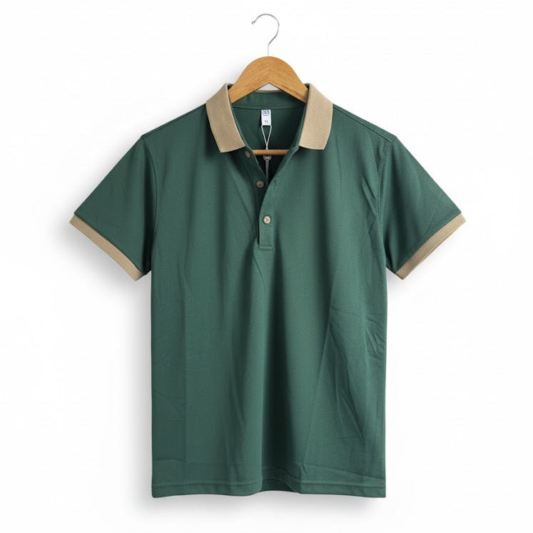 Men's dark green tshirt with a beige collar and sleeve trim CX2601 - TUZZUT Qatar Online Shopping