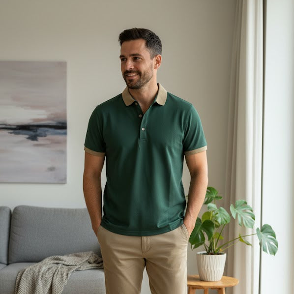 Men's dark green tshirt with a beige collar and sleeve trim CX2601 - TUZZUT Qatar Online Shopping