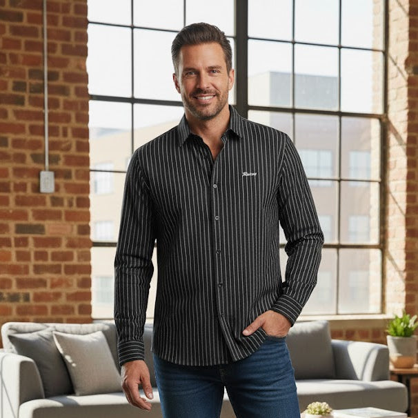 Men's black pinstripe button-down shirt 2XL B-03204 - TUZZUT Qatar Online Shopping