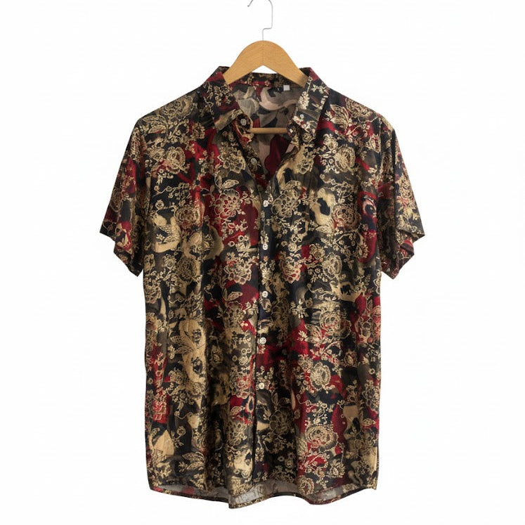 Men's bold and eye-catching short-sleeve shirt with a dark, ornate pattern B-203177 - TUZZUT Qatar Online Shopping