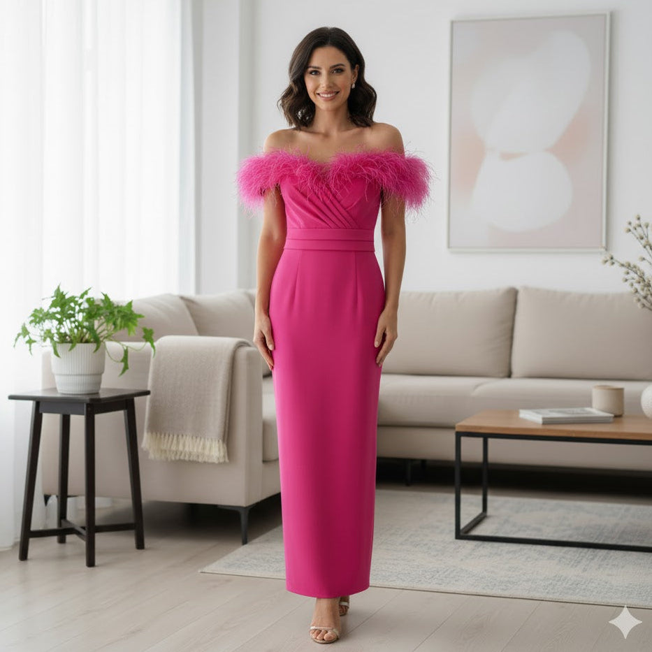 Women's Feather-Trimmed Bodycon Gown Party Wear B-8569001 Women's Feather-Trimmed Bodycon Gown Party Wear B-8569001