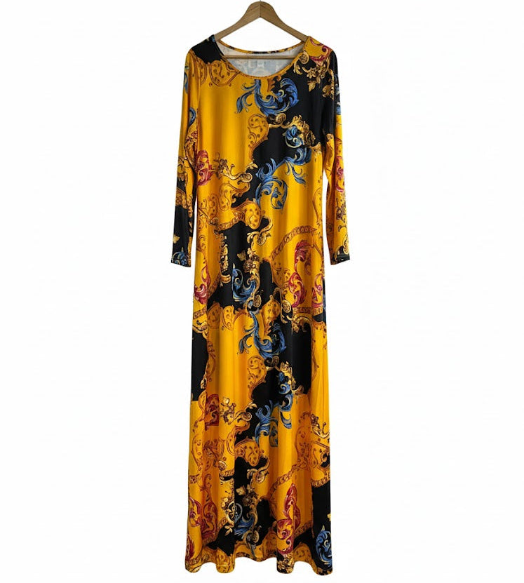 Women's Yellow & Black Scroll Print Long Dress XL 8840013