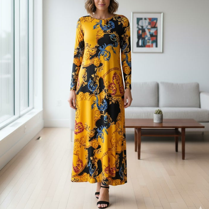 Women's Yellow & Black Scroll Print Long Dress XL 8840013 - TUZZUT Qatar Online Shopping
