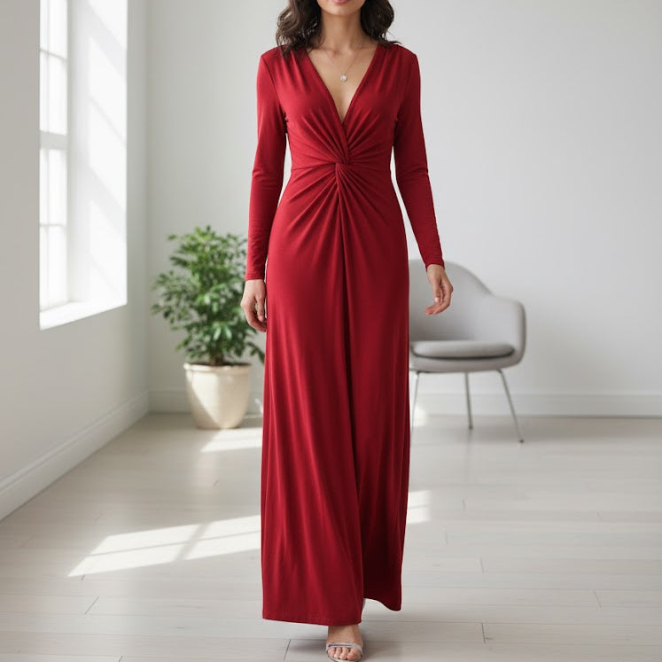 Women's Long Sleeve V-Neck Maxi Dress B-6814 - TUZZUT Qatar Online Shopping