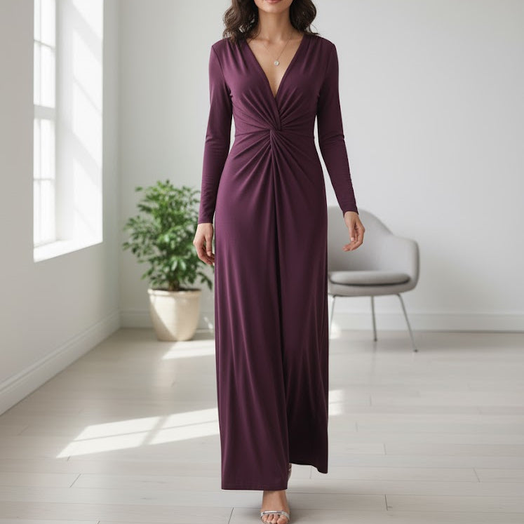 Women's Long Sleeve V-Neck Maxi Dress B-6814 - TUZZUT Qatar Online Shopping