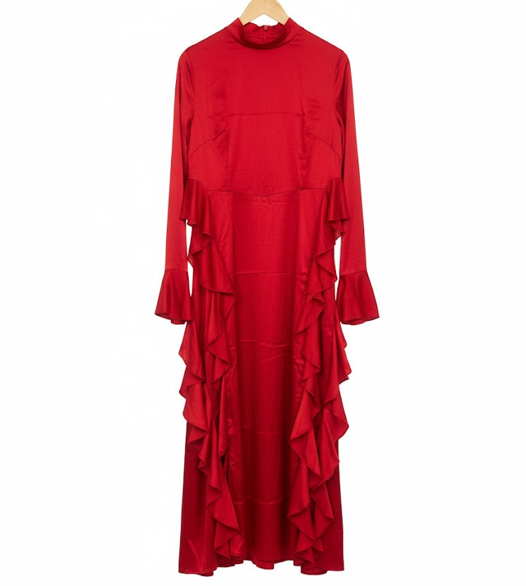 Women's long-sleeved maxi gown in a bold fiery red with impressive ruffle 4319534 Women's long-sleeved maxi gown in a bold fiery red with impressive ruffle 4319534
