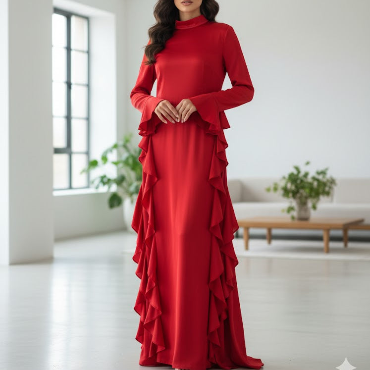Women's long-sleeved maxi gown in a bold fiery red with impressive ruffle 4319534 Women's long-sleeved maxi gown in a bold fiery red with impressive ruffle 4319534