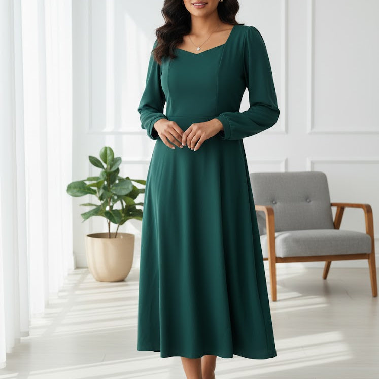 Women’s Long Sleeve A-Line Midi Dress B-6677 - TUZZUT Qatar Online Shopping