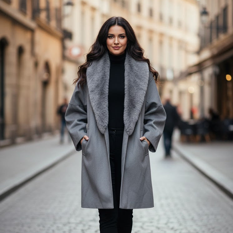 Women's Faux Fur Collar 1pc Wool Blend Coat 4258700 - TUZZUT Qatar Online Shopping