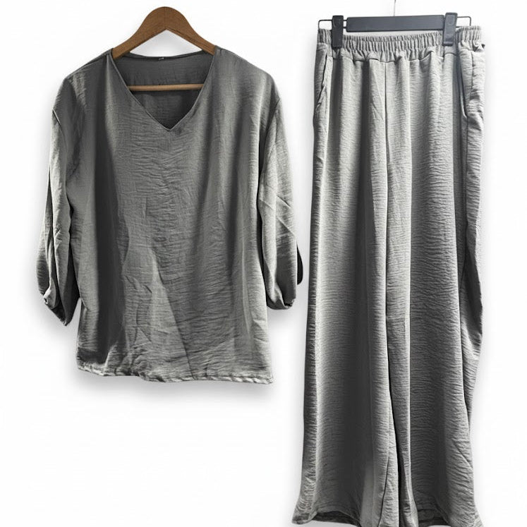 Women's V-Neck Top and Wide-Leg Pants Set 20708810 - TUZZUT Qatar Online Shopping