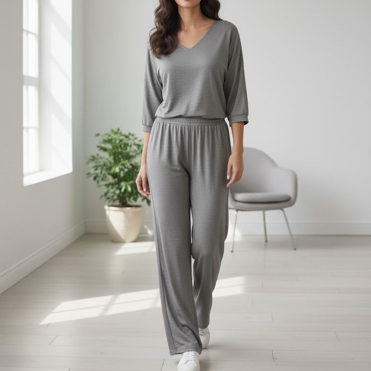 Women's V-Neck Top and Wide-Leg Pants Set 20708810 - TUZZUT Qatar Online Shopping