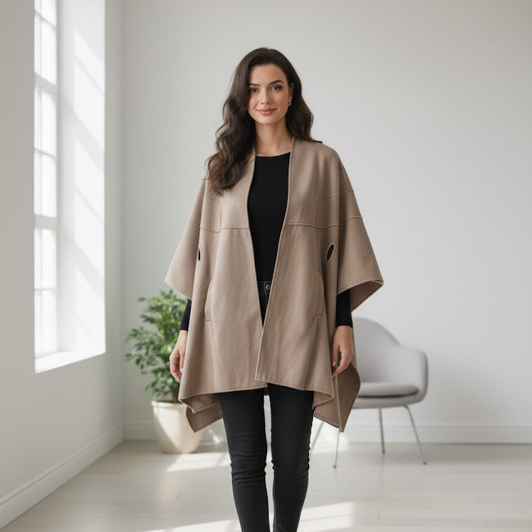 Women's Unique Khaki Overlay Cape Coat CK222 Women's Unique Khaki Overlay Cape Coat CK222