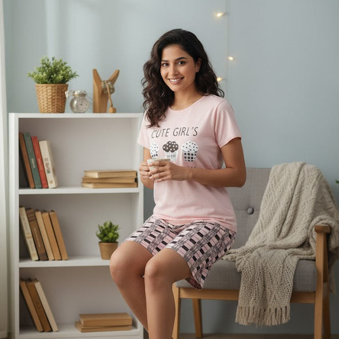 Women's Soft Pink Tee and Plaid Capri Sleepwear Set W124 - TUZZUT Qatar Online Shopping